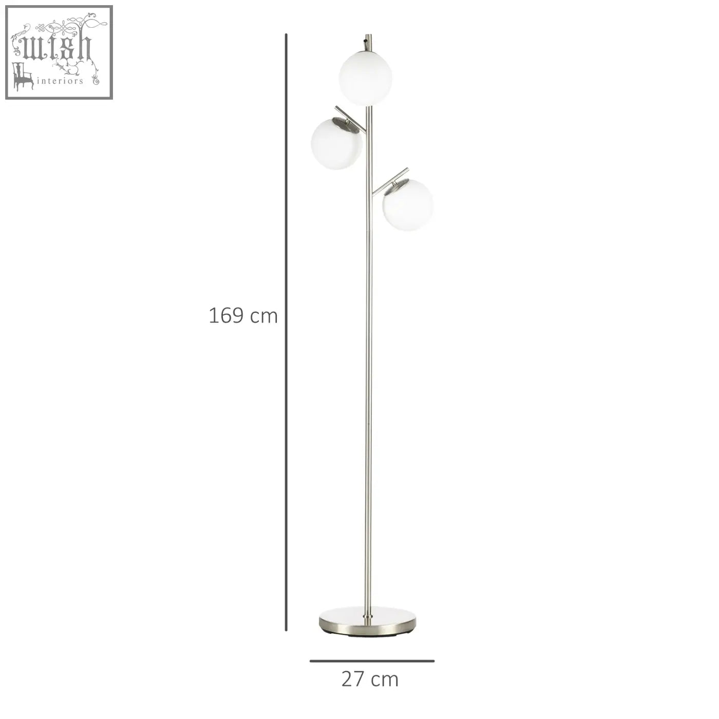 Modern three-head floor lamp with chrome finish, frosted globe shades, steel base, e27 base, and foot switch for living room