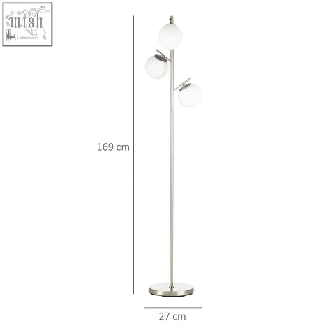 Modern three-head floor lamp with chrome finish, frosted globe shades, steel base, e27 base, and foot switch for living room