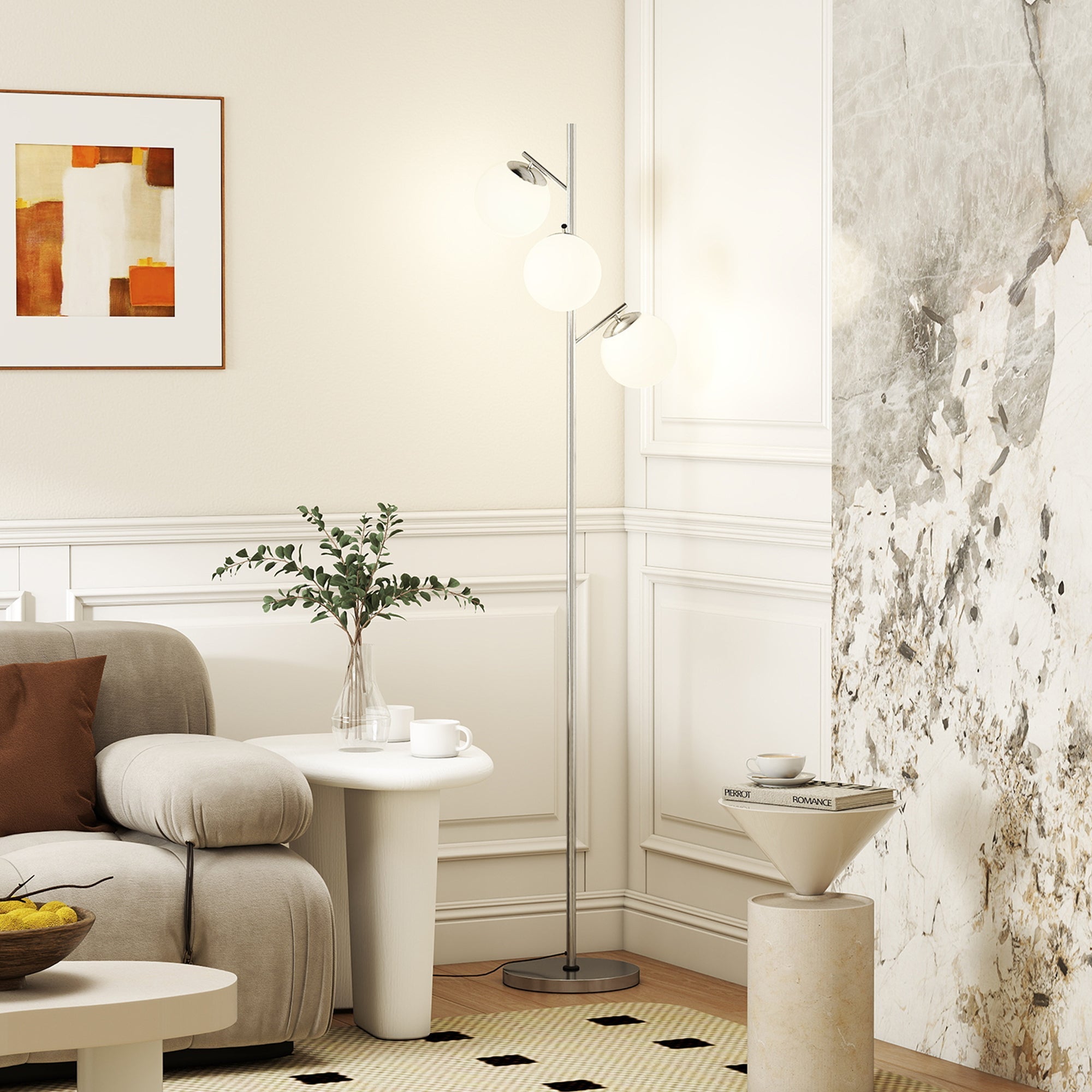 Modern silver 3-light tree floor lamp with steel base, adjustable arms, globe shades, and 3000k 4000k 6000k colors