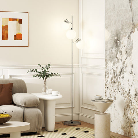 Modern silver 3-light tree floor lamp with steel base, adjustable arms, globe shades, and 3000k 4000k 6000k colors