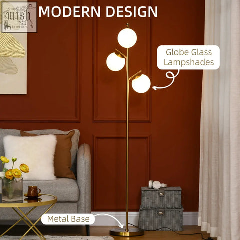 Modern gold tone homcom floor lamp with three globe glass lampshades steel base and e27 base foot switch