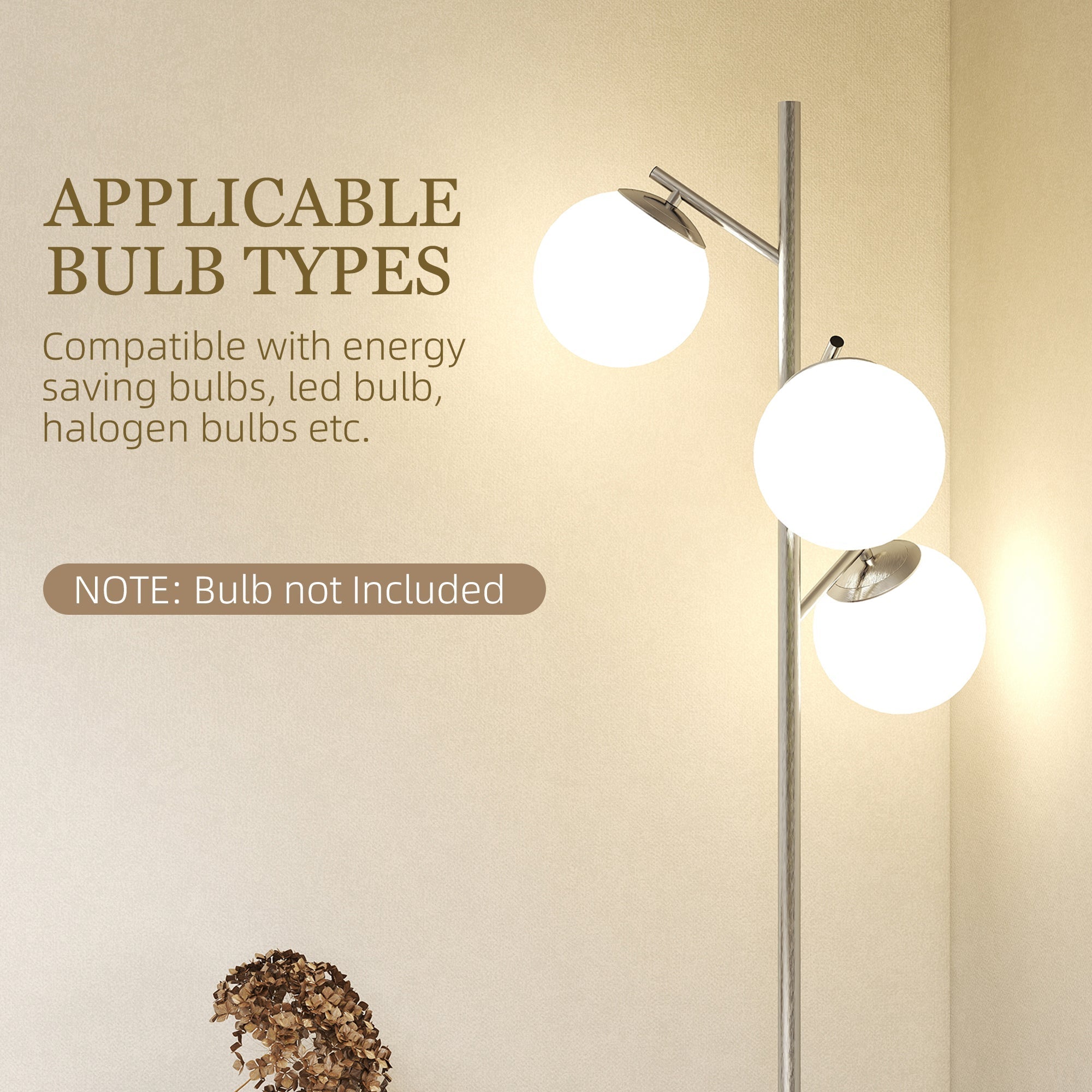 Modern minimalist homcom 3-light tree floor lamp with chrome pole and 3000k 4000k 6000k color temps with foot switch