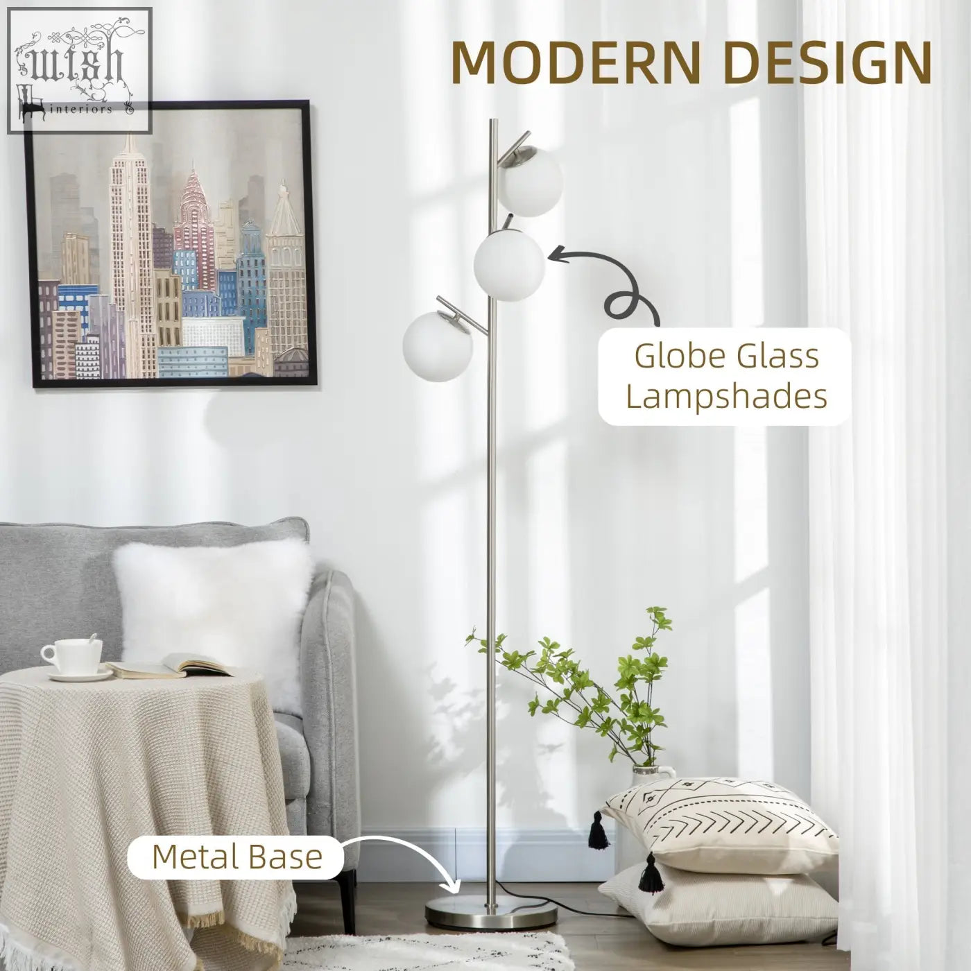 Modern silver floor lamp with three globe lampshades, steel base, e27 base, and foot switch for living room or bedroom