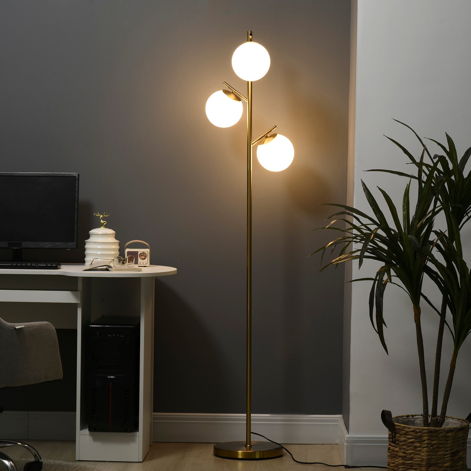 Gold-finished homcom 3-light tree floor lamp with three glass globes steel base foot switch 3000k 4000k 6000k color temps