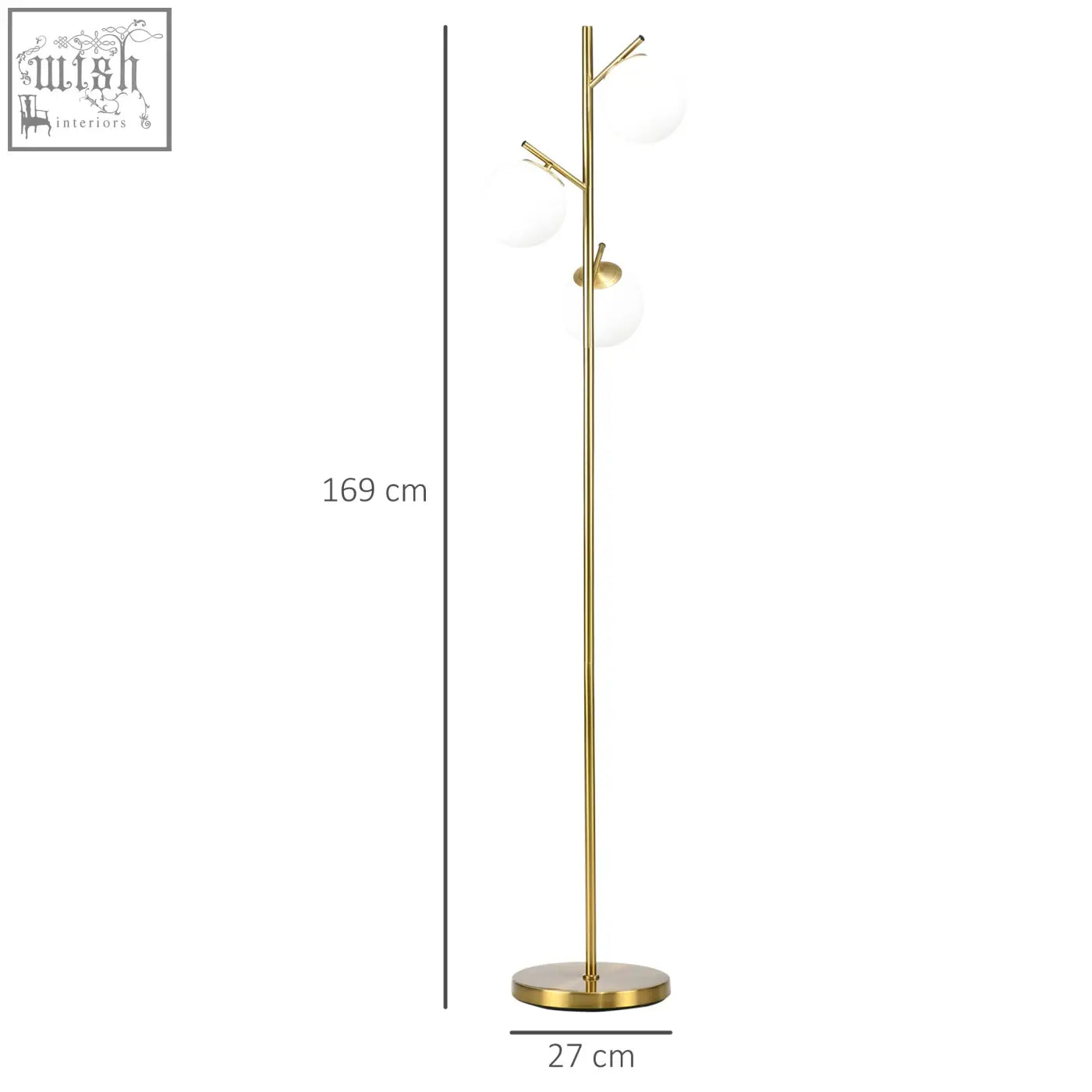 Gold tone homcom 3-light tree floor lamp with frosted glass globes e27 base and foot switch for living room use