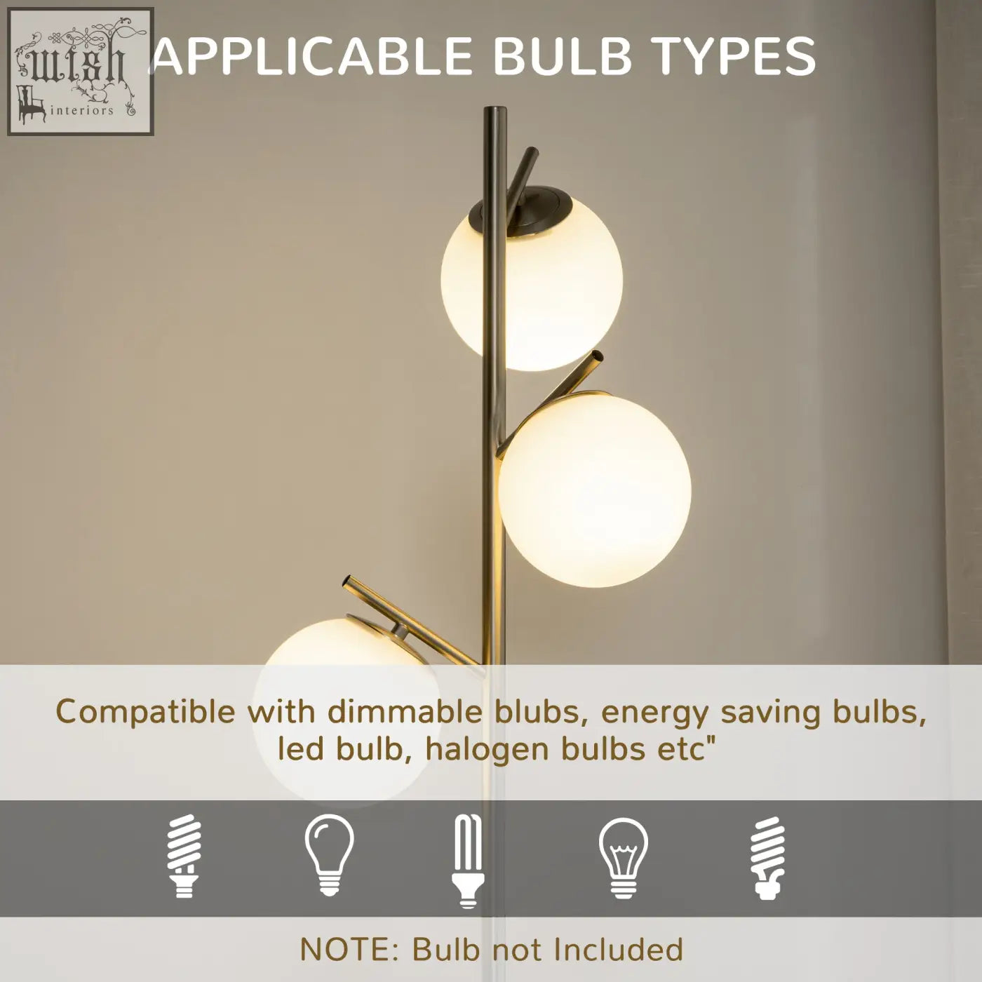 Modern gold-toned floor lamp with three frosted glass globe shades steel base e27 base foot switch for living room