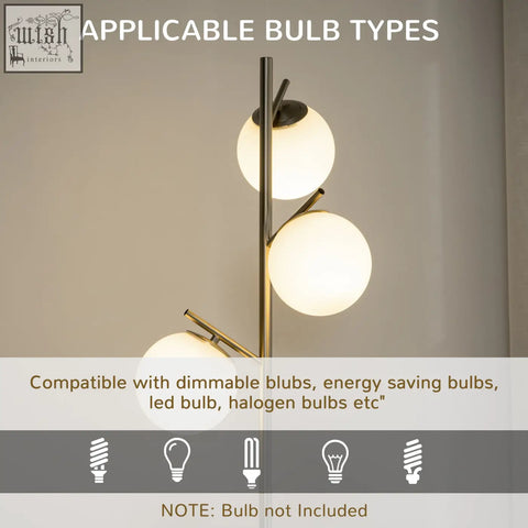 Modern gold-toned floor lamp with three frosted glass globe shades steel base e27 base foot switch for living room