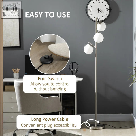 Modern silver floor lamp with three white globe shades steel base e27 base and a foot switch for easy control