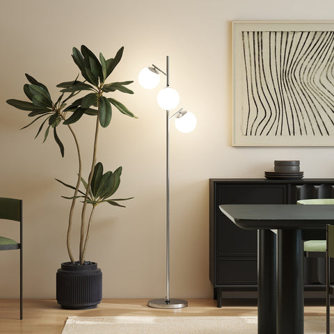 Modern floor lamp with three white glass globe shades chrome finish steel base and 3000k 4000k 6000k foot switch