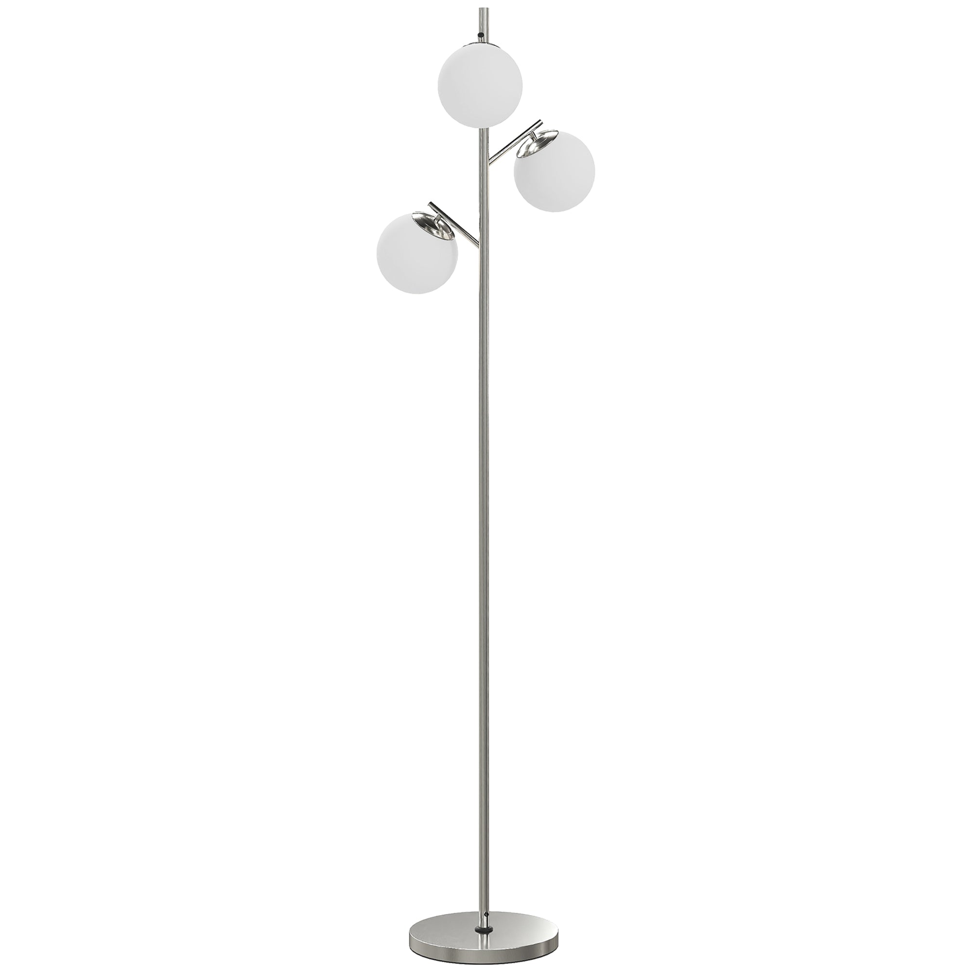 Modern chrome floor lamp with three white glass globes steel base 3000k 4000k 6000k color temps foot switch