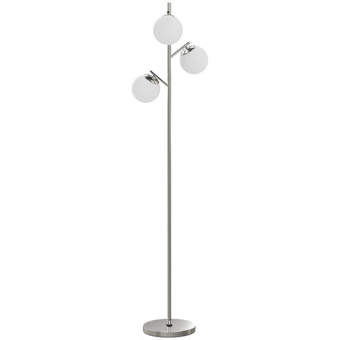 Modern chrome floor lamp with three white glass globes steel base 3000k 4000k 6000k color temps foot switch