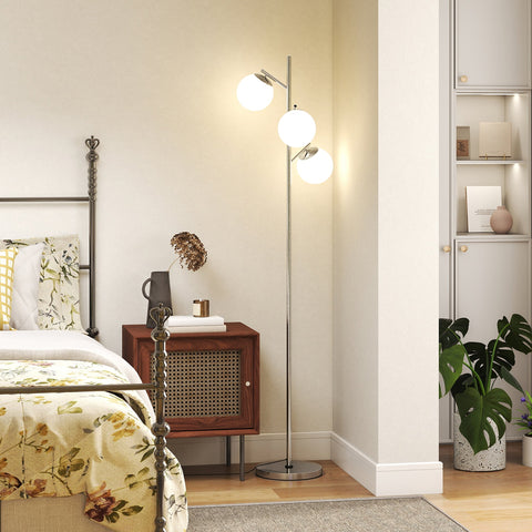 Modern homcom 3-light floor lamp with chrome finish white globe shades steel base and 3000k 4000k 6000k foot switch