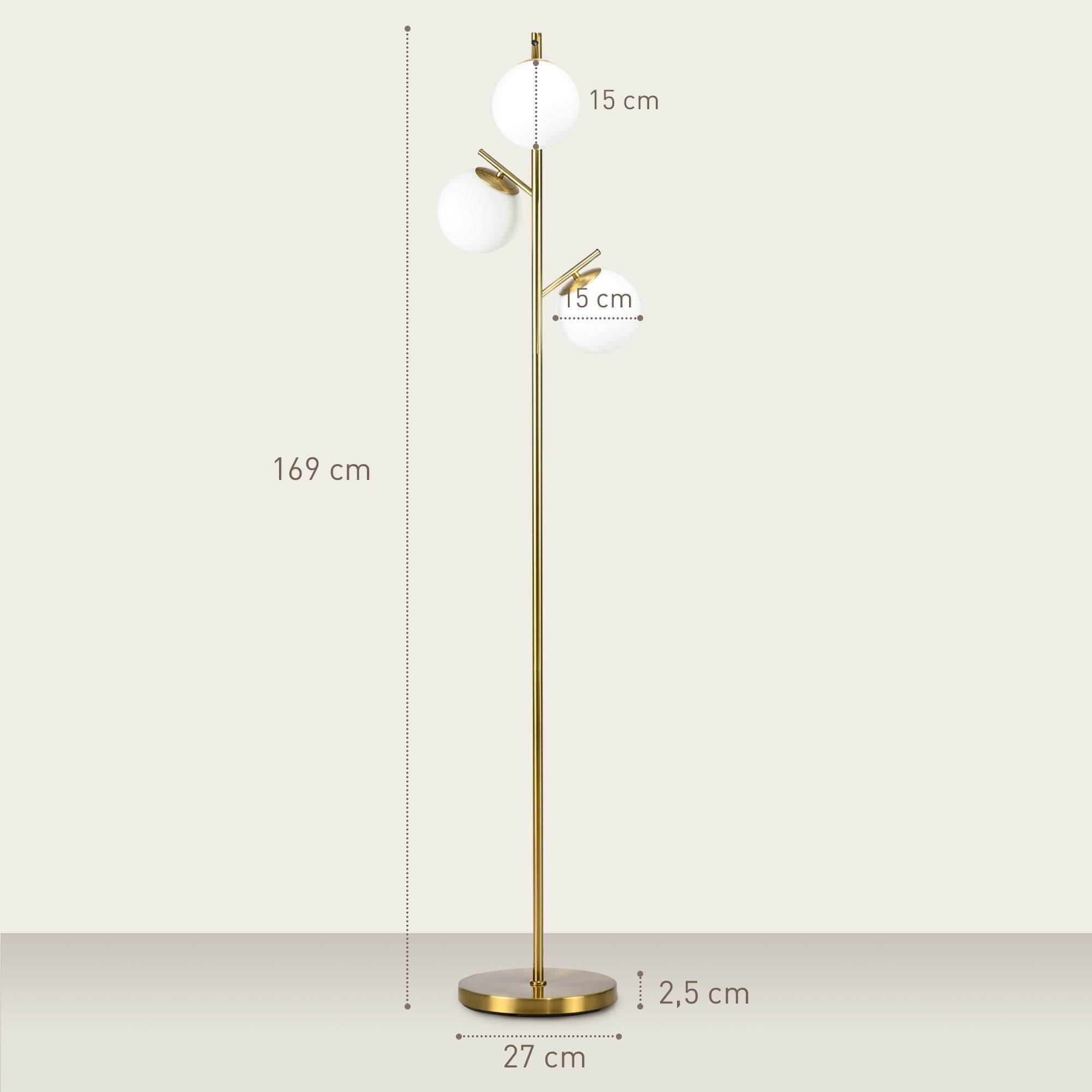 Gold finished steel base floor lamp with three white globe shades featuring 3000k 4000k 6000k and foot switch