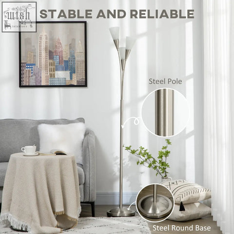 Silver homcom 3-light floor lamp with steel base uplighter design and foot switch uses e14 base bulbs not included