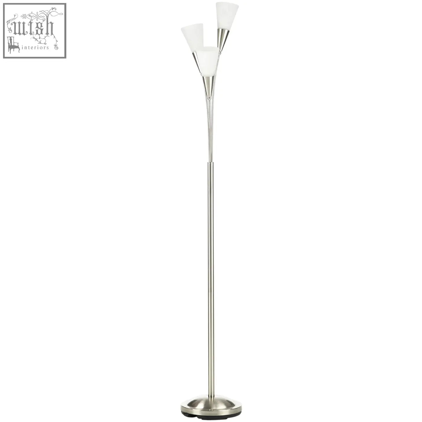 Modern silver uplighter floor lamp with brushed nickel finish, three frosted glass shades, foot switch, e14 base, steel base