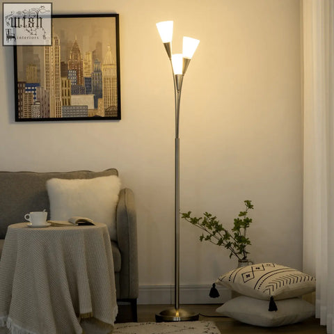 Modern silver uplighter floor lamp with three frosted glass shades steel base foot switch and e14 base bulbs for living room