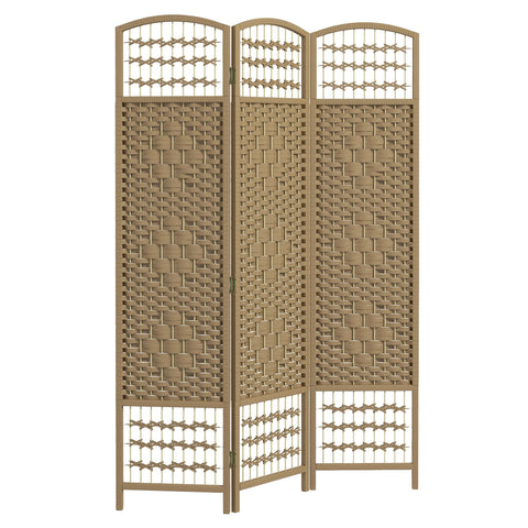 Beige homcom 3 panel room divider with woven rattan design, wooden frame, natural wood privacy screen for freestanding use