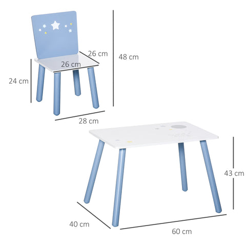Blue and white kids table and chairs set with star decals pine wood legs safe corners for playroom or bedroom seating