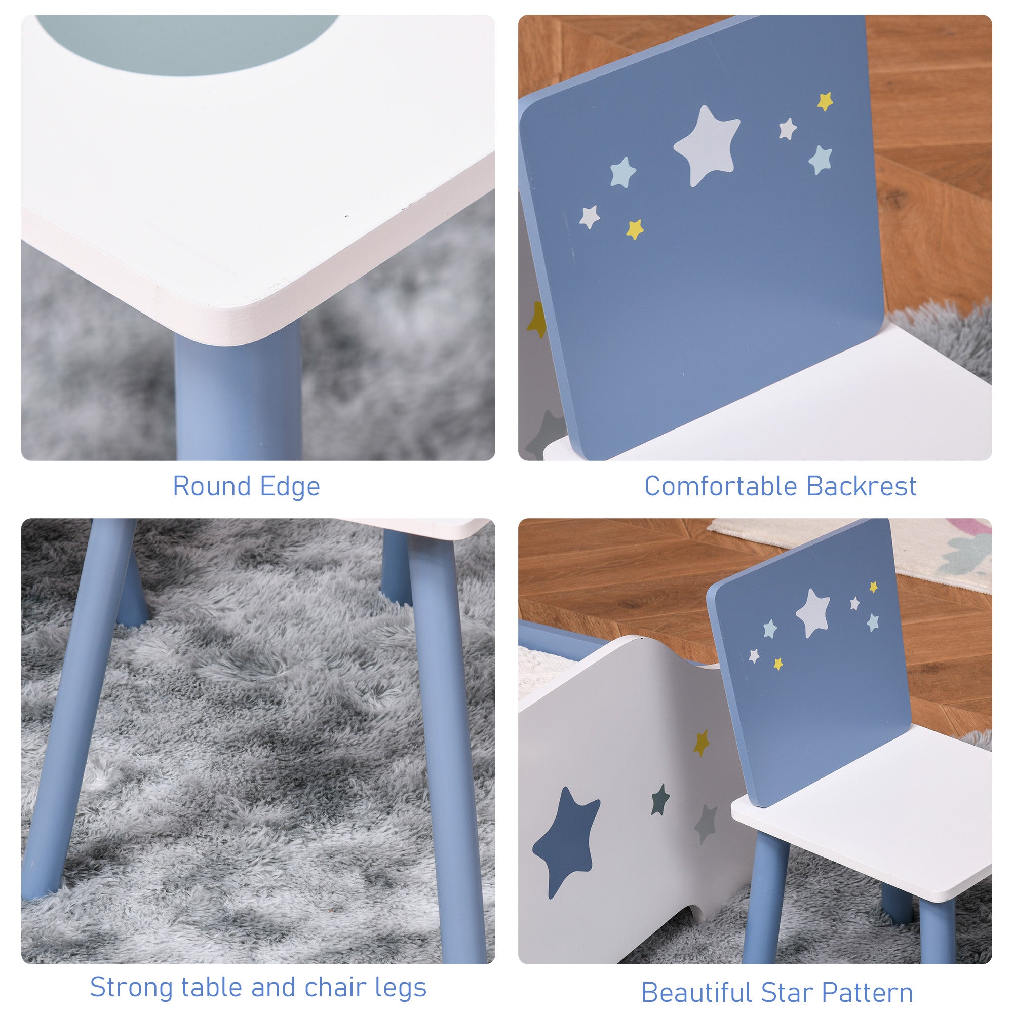 Blue and white kids table and chairs set with pine wood legs and star decals perfect for playroom or bedroom seating