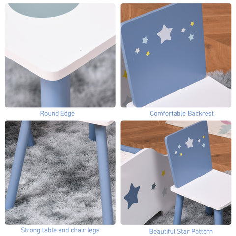 Blue and white kids table and chairs set with pine wood legs and star decals perfect for playroom or bedroom seating