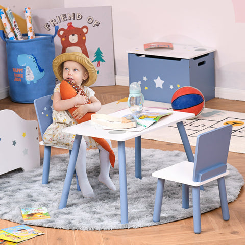 Homcom 3 pcs kids table and chairs set in white and blue with safe corners pine wood legs perfect for playroom use