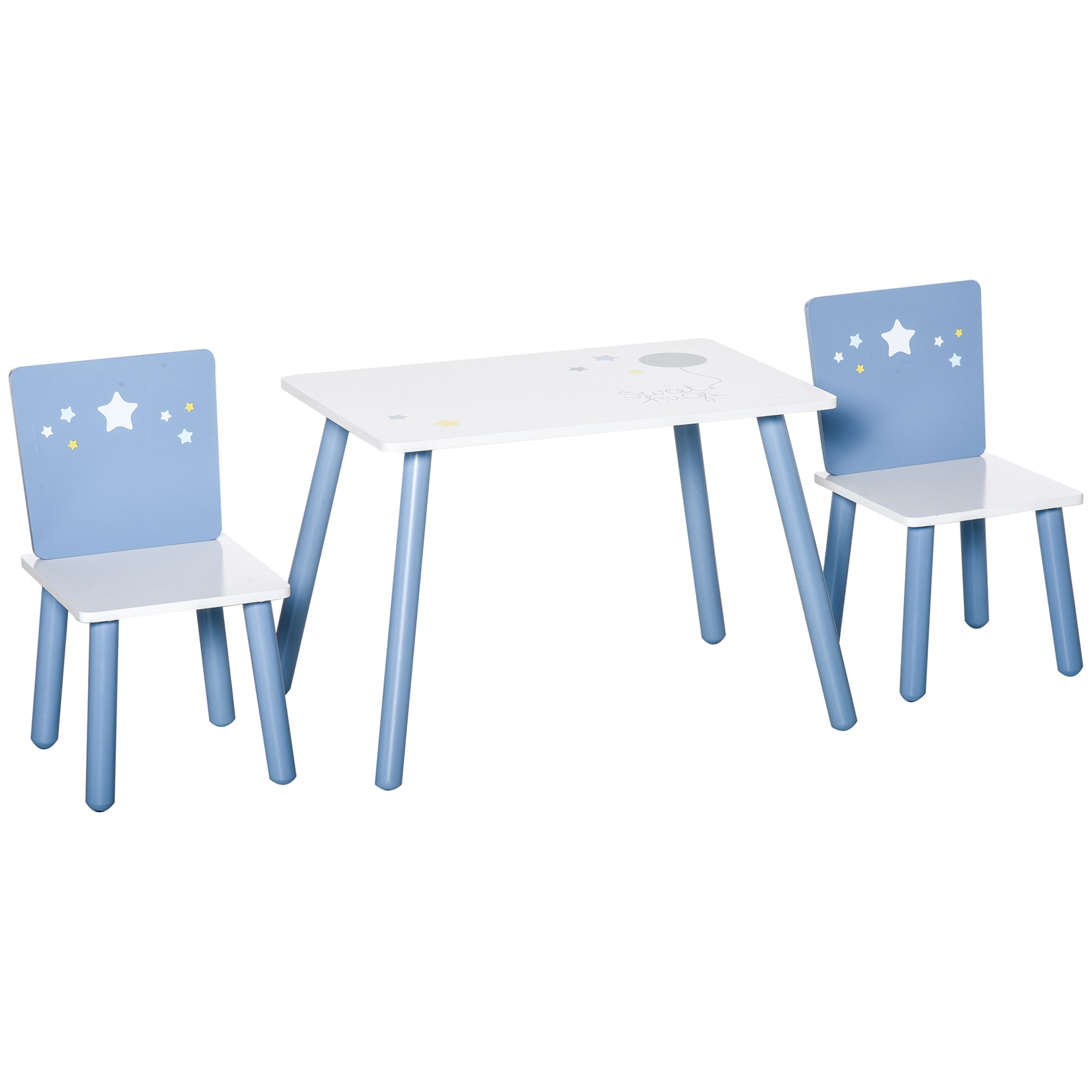 Blue and white kids table and chairs set with star decals on chair backs and pine wood legs for playroom use