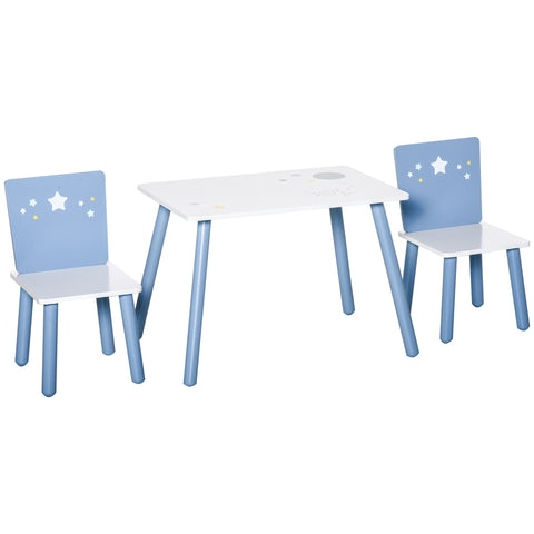 Blue and white kids table and chairs set with star decals on chair backs and pine wood legs for playroom use