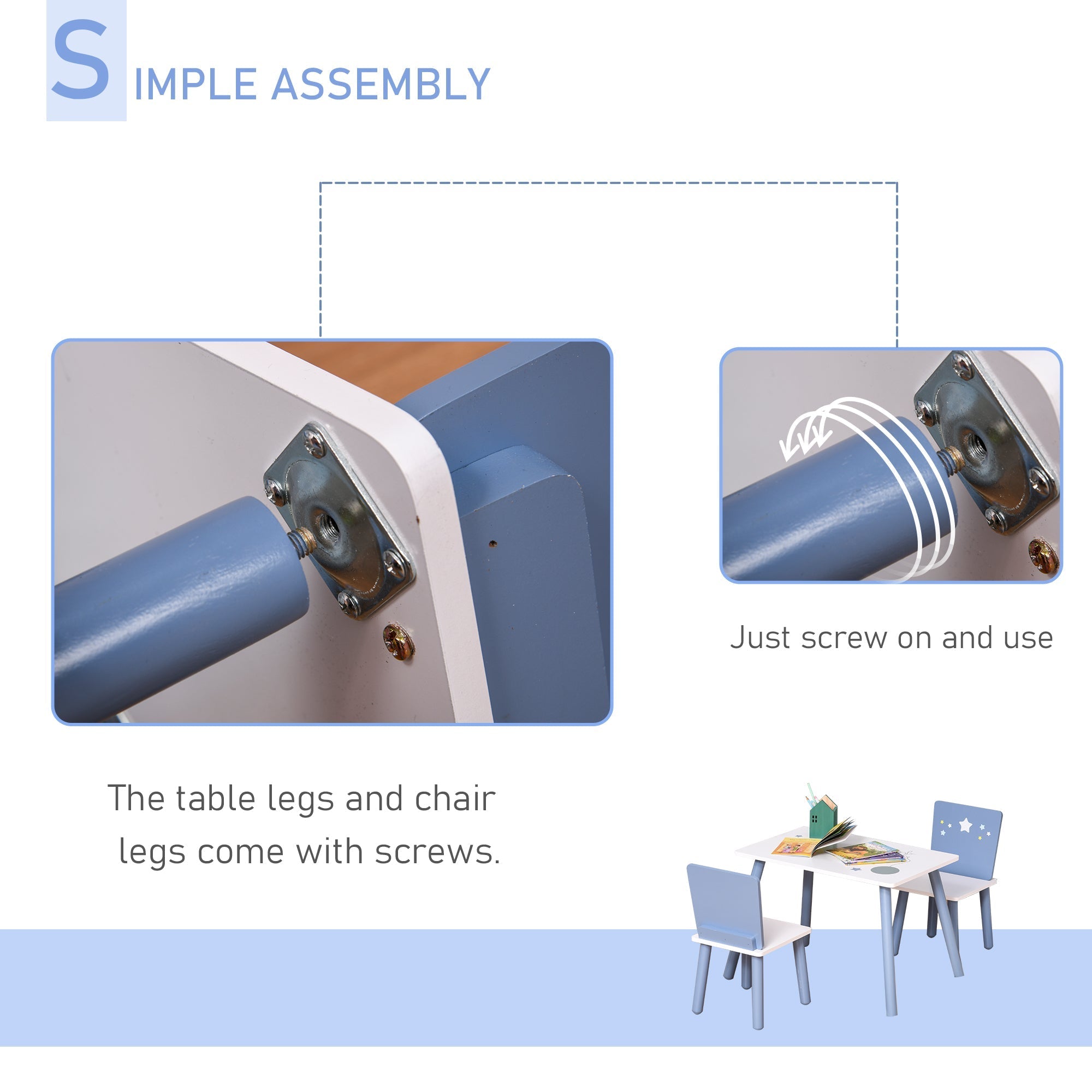 Blue and white HOMCOM kids table and chairs set with pine wood legs safe corners and simple screw-on assembly