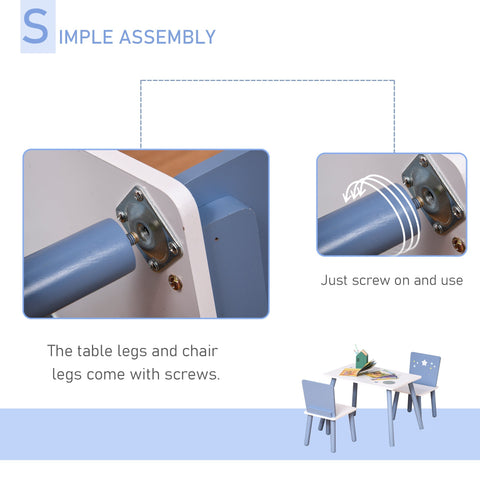 Blue and white HOMCOM kids table and chairs set with pine wood legs safe corners and simple screw-on assembly