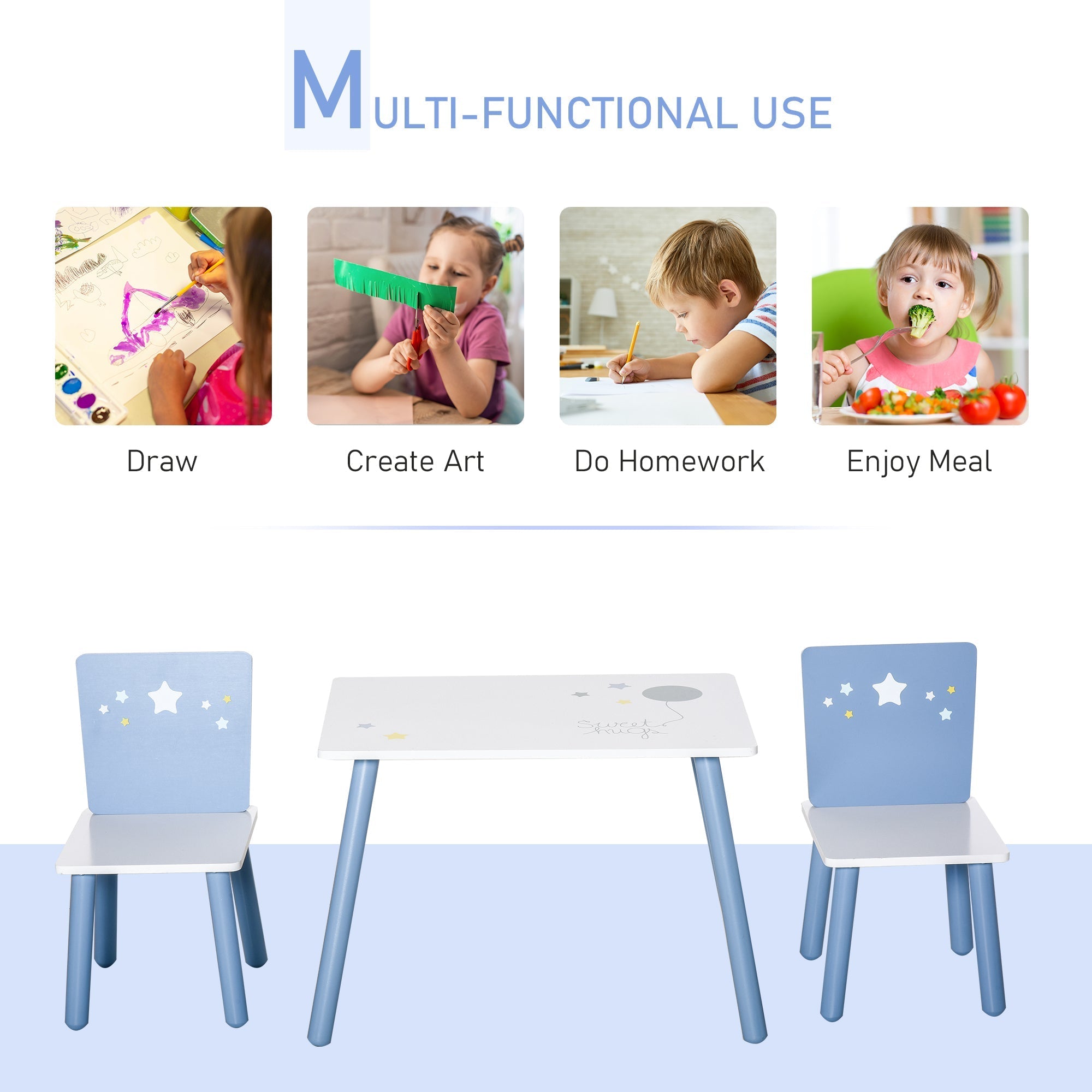 Blue and white kids table and chairs set with star decals on chair backs made of pine wood for playroom use