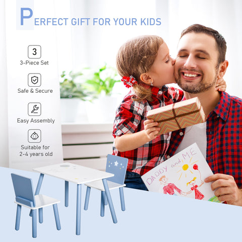 Blue and white homcom kids table and chairs set with pine wood legs safe corners and cute stars for playroom use