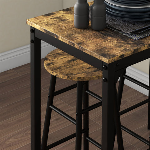 Rustic brown bar table set with wooden top black metal frame and matching stool perfect for industrial dining space