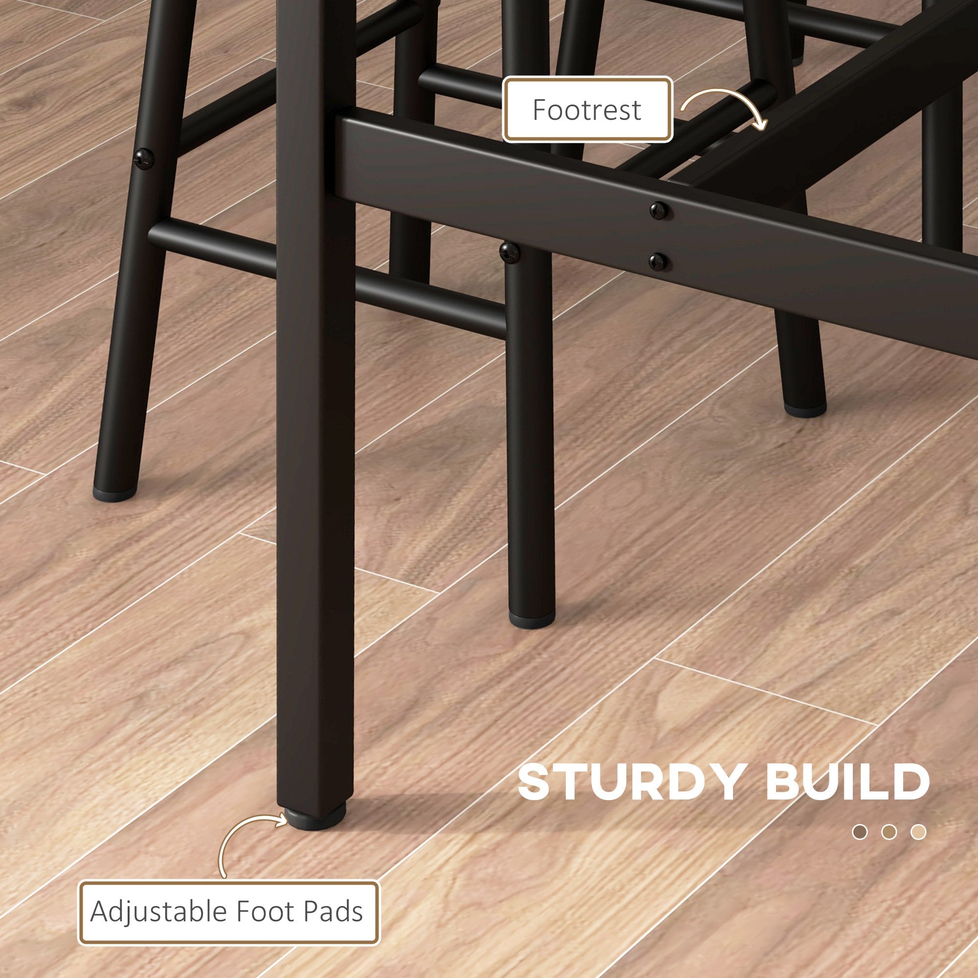 Black metal bed frame with footrest and adjustable pads shown alongside rustic brown homcom bar table set with stools