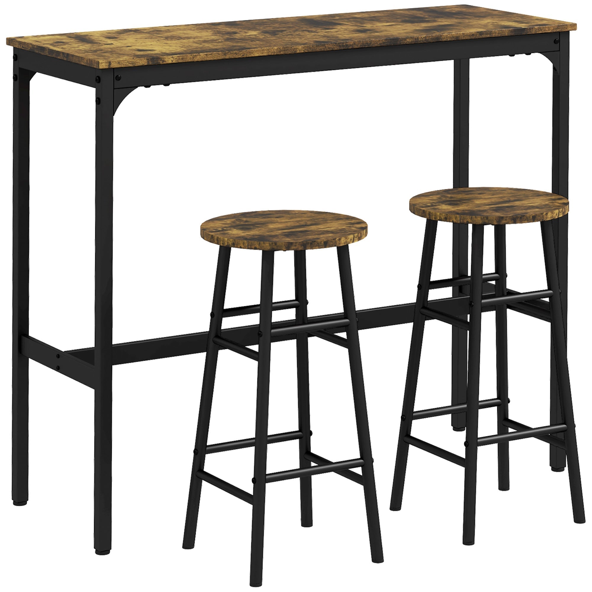 Black metal bar table set with rustic weathered wood top and matching stools perfect for dining or bar use