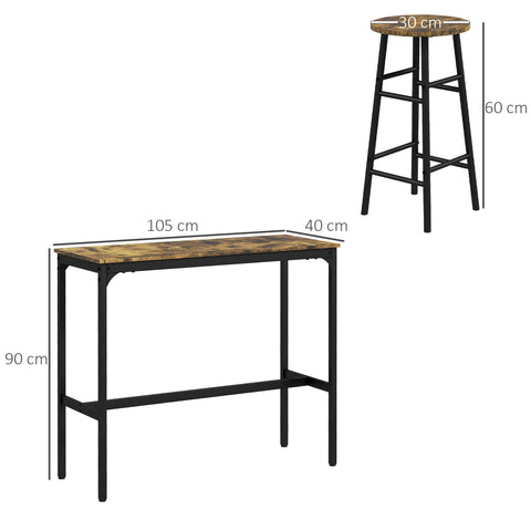 Homcom 3 piece bar table set with rustic brown wooden top and black metal frame with matching stool for dining room