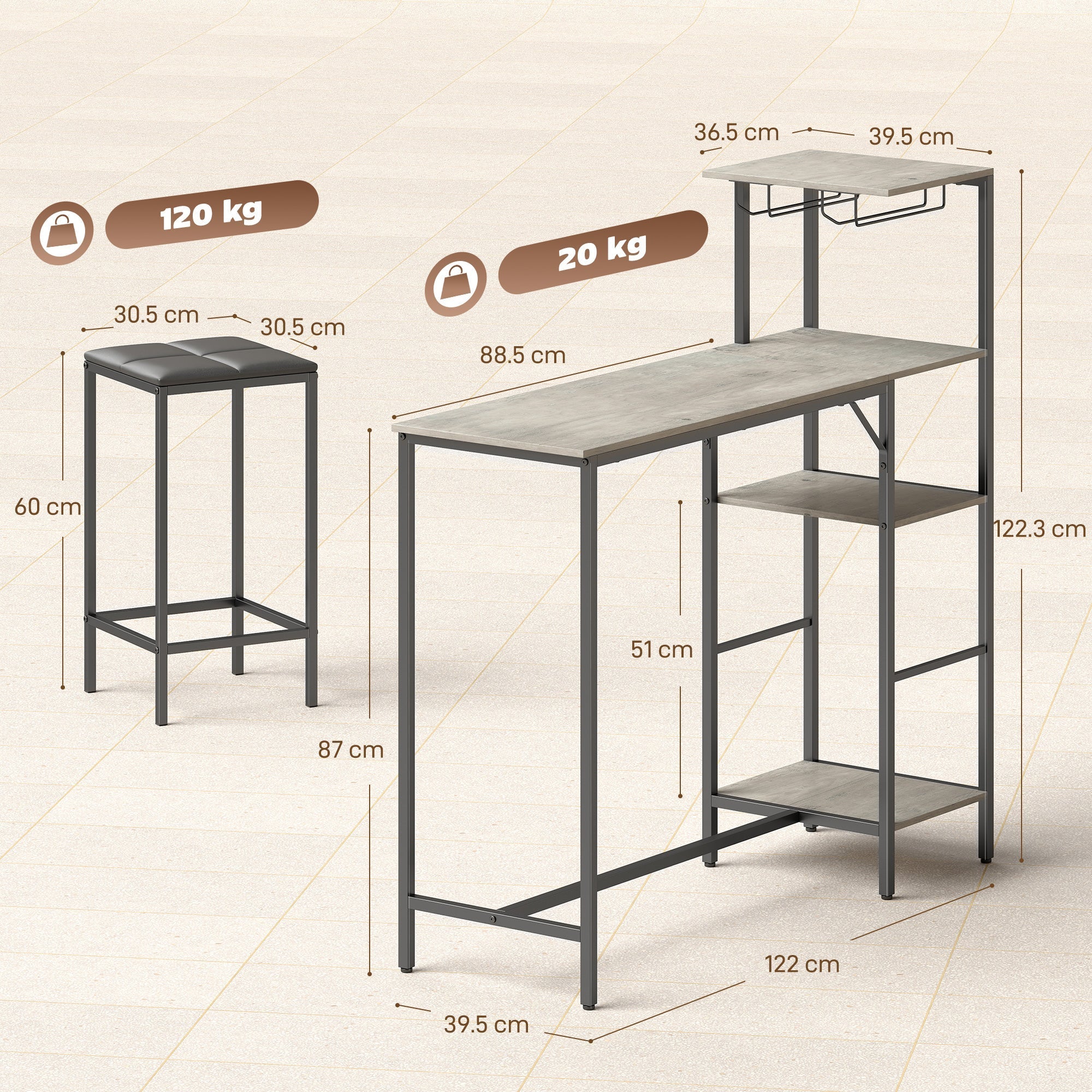 Industrial-style gray concrete top bar cart with black metal frame and built-in wine rack for breakfast bar table use