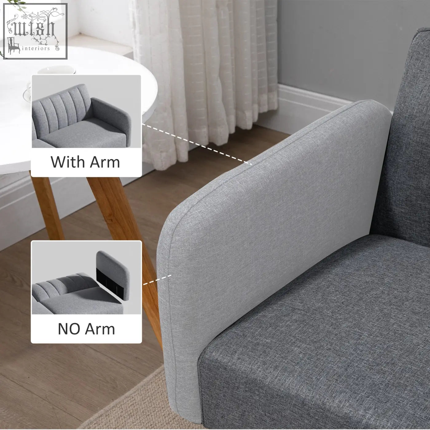 Gray upholstered sofa bed with tufted backrest and six wooden legs in linen fabric for living room use