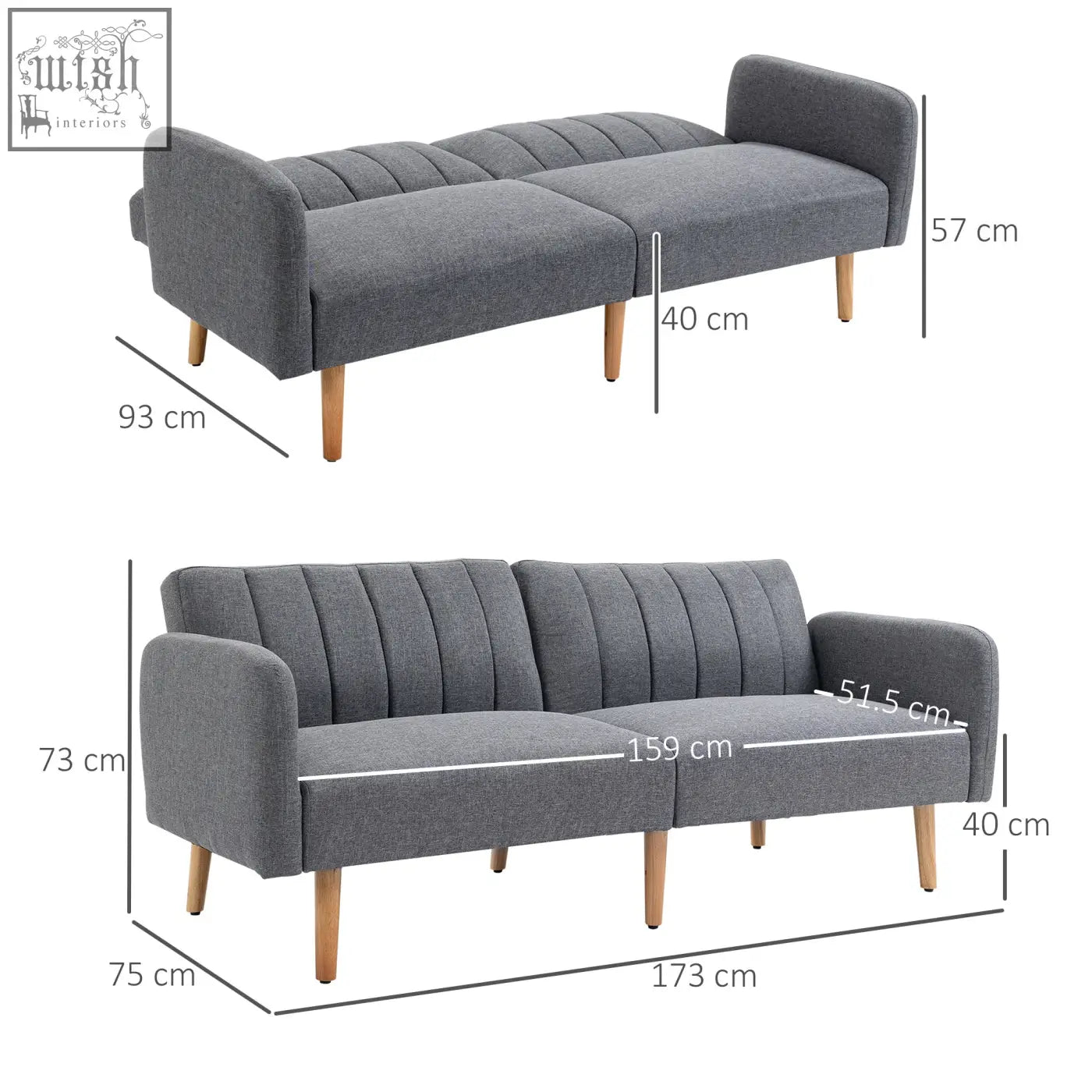 Gray linen fabric sofa bed with tufted backrest and six wooden legs perfect for living room or guest room