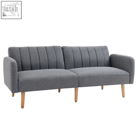 Gray upholstered sofa bed with vertical pleats linen fabric and six wooden legs for living room or guest room