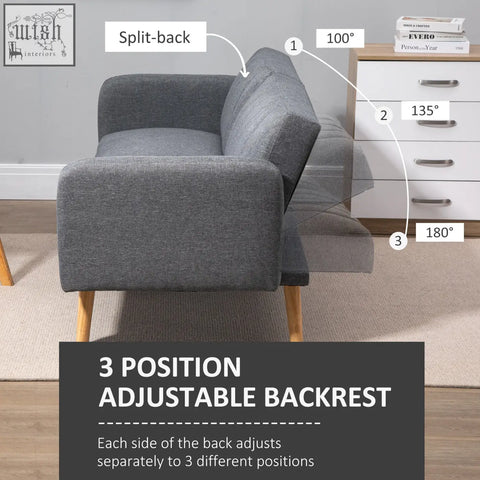 Gray linen fabric sofa bed with adjustable split backrest and six wooden legs for living room and guest room use