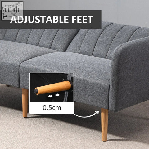 Grey upholstered homcom 3 seater sofa bed with six wooden legs and adjustable feet for living room use