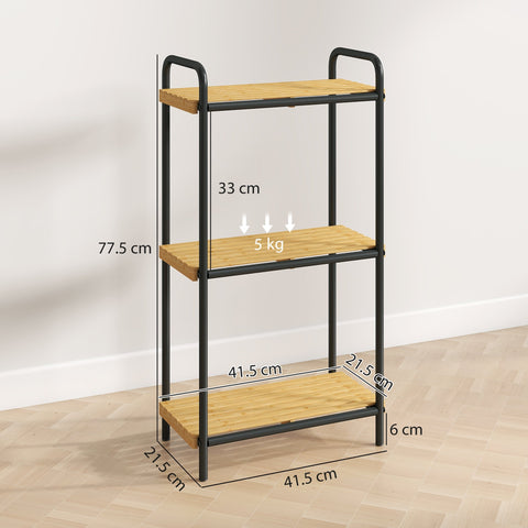 Black metal frame bathroom storage shelf with three natural bamboo slatted shelves and steel frame for bathroom or kitchen