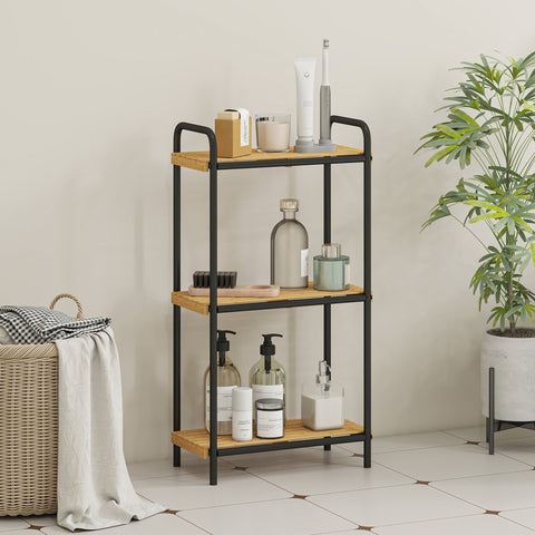 Black metal steel frame bathroom storage shelf with three natural bamboo slatted shelves holding essentials