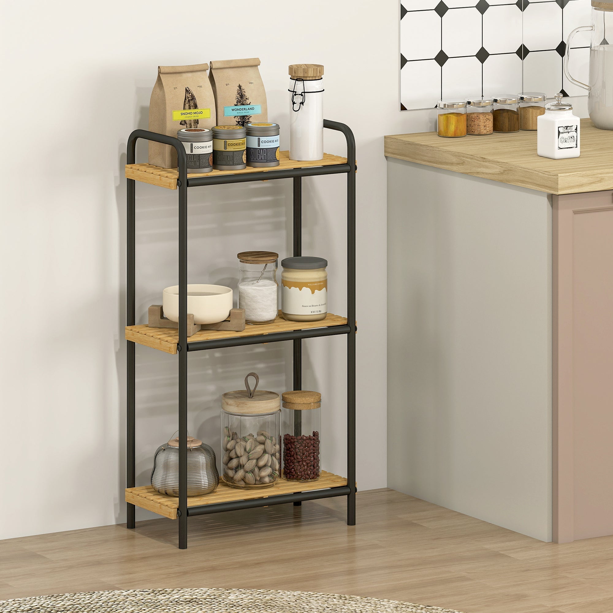 Homcom 3-tier bamboo bathroom storage shelf with black steel frame and natural slatted shelves for narrow spaces