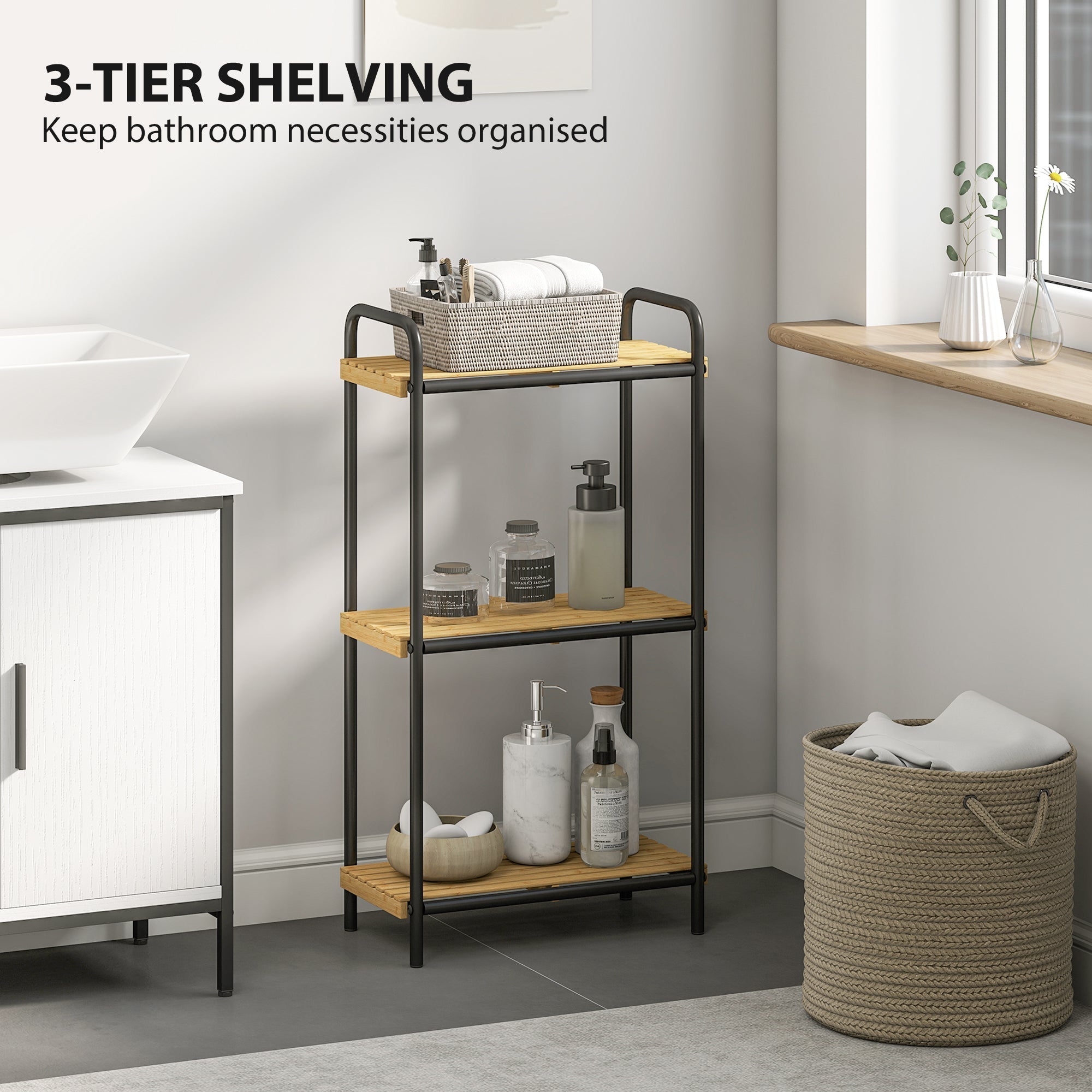 Black metal frame bathroom storage shelf with light wood slatted shelves and steel frame for bathroom or kitchen use