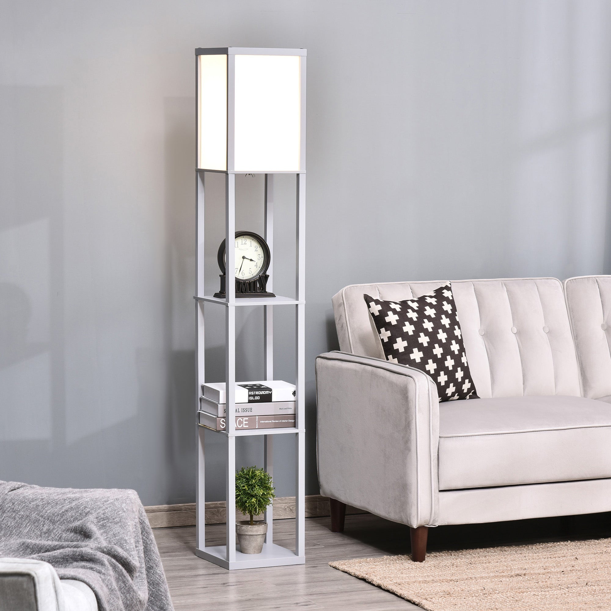 Homcom white standing lamp with melamine coating and three shelves for living room and bedroom storage needs