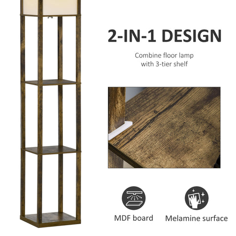 Rustic brown homcom 3-tier standing lamp with melamine coating and storage shelves for living room use