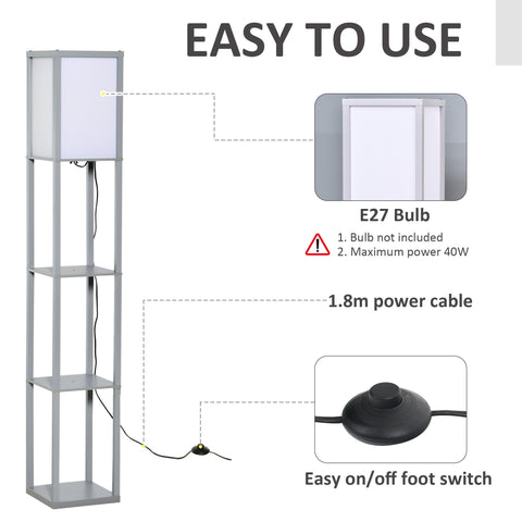 Gray metal standing lamp with melamine coating 3-tier shelves and rectangular white acrylic shade for living room use