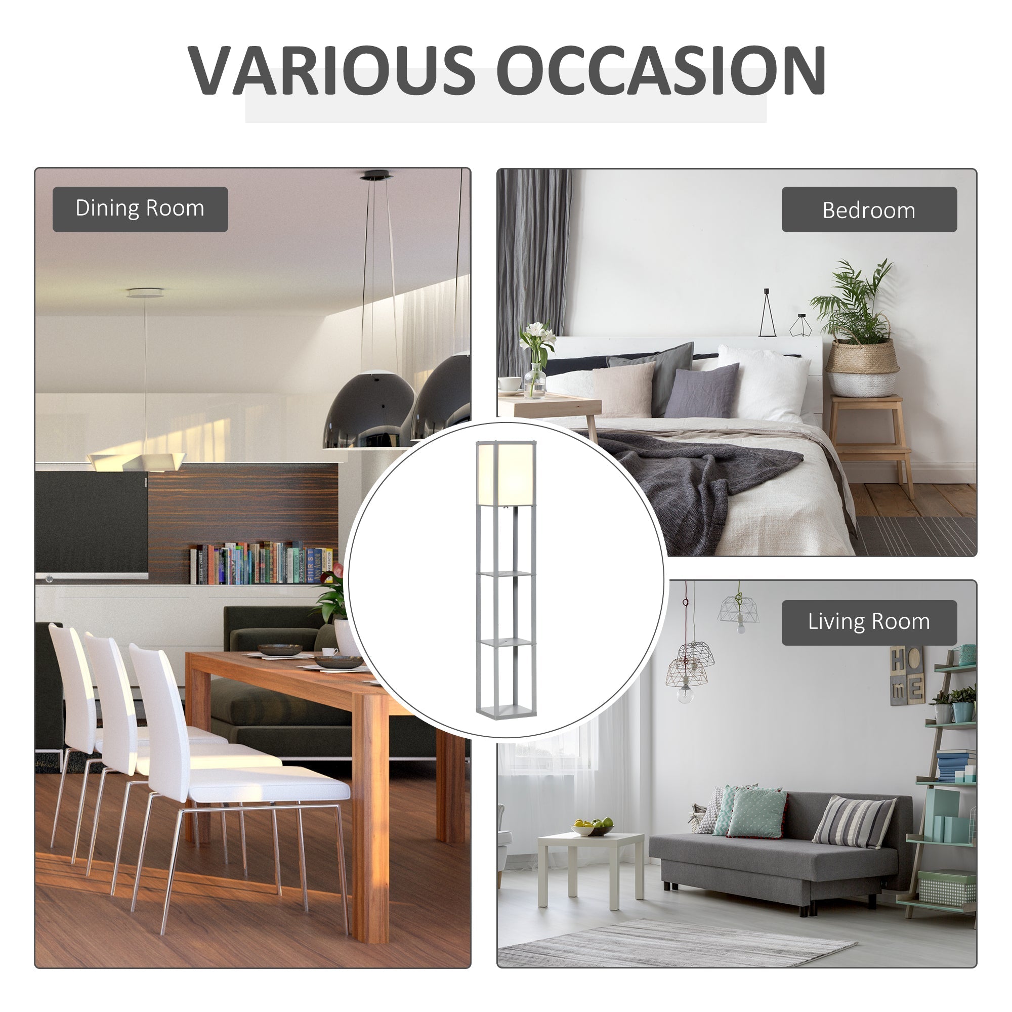 Silver metal standing lamp with melamine coating and four shelves with a soft white fabric shade for living room use