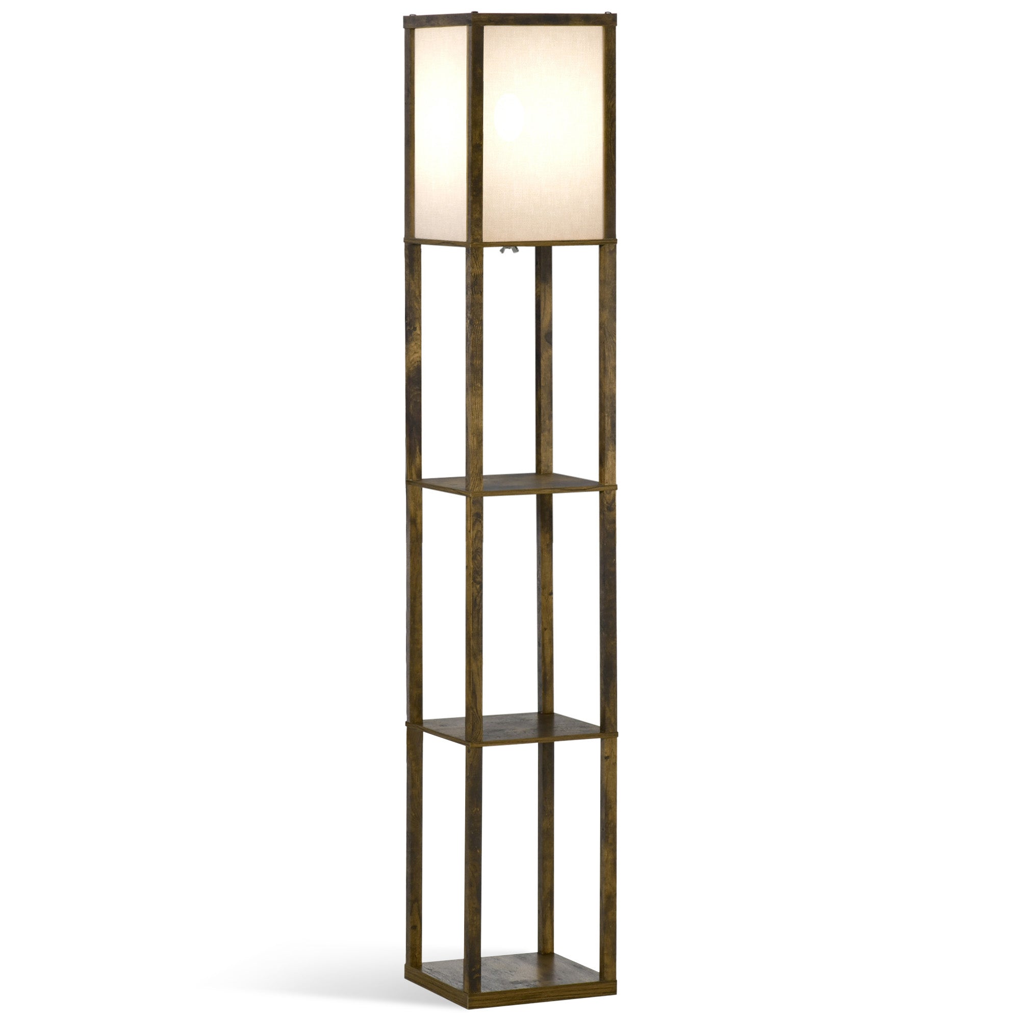 Tall brown homcom standing lamp with brass finish, melamine coated shelves, and white acrylic shade for living room use